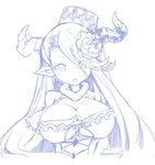  2016 bare_shoulders blue breasts cleavage dated draph dress eyes_visible_through_hair flower fur_trim granblue_fantasy hair_between_eyes hair_flower hair_ornament halterneck hat horns izmir large_breasts long_hair looking_at_viewer memento_vivi monochrome open_mouth simple_background sketch solo twitter_username white_background 