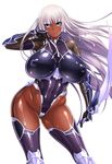  1girl aoi_nagisa_(artist) bare_shoulders blue_eyes breasts dark_skin female huge_breasts large_breasts legs leotard liliana lilith-soft long_hair looking_at_viewer nipples shiny shiny_skin silver_hair taimanin_(series) taimanin_asagi taimanin_asagi_battle_arena thong_leotard very_long_hair weapon 