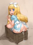  1girl aftersex alice_(wonderland) alice_in_wonderland ass blonde_hair blue_eyes blush breasts censored crate cum cum_in_pussy cumdrip dress eating food from_behind huge_breasts in_box in_container koboshi_no_niwa large_breasts looking_at_viewer looking_back open_mouth puffy_short_sleeves pussy sitting smile tsuyo_(koboshi_no_niwa) 