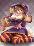  1girl brown_hair copyright_request furry green_eyes halloween halloween_costume lion setouchi_kurage thick_thighs thighhighs witch_hat 