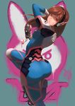  2016 acronym arm_up ass bangs bodysuit boots bracer breasts brown_eyes brown_hair character_name charm_(object) cowboy_shot d.va_(overwatch) facepaint facial_mark from_behind gloves gun hand_behind_head hand_up handgun headphones highres holding holding_gun holding_weapon jhc_kai leg_up long_hair long_sleeves looking_back overwatch parted_lips pauldrons pilot_suit pointing pointing_at_viewer ribbed_bodysuit shoulder_pads skin_tight small_breasts solo standing standing_on_one_leg swept_bangs thigh_boots thigh_strap thighhighs turtleneck weapon whisker_markings white_footwear white_gloves 
