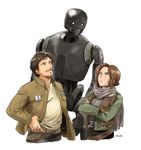  1girl beard belt brown_hair cassian_andor facial_hair galactic_empire holster insignia jacket jyn_erso k-2so matsuri6373 mecha robot rogue_one:_a_star_wars_story scarf science_fiction signature star_wars vest 