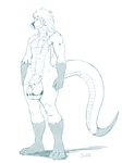  2014 anthro balls big_balls hair hi_res jin_(jindragowolf) jindragowolf long_hair male monochrome nude penis reptile scalie scar simple_background sketch solo standing white_background 