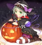  alternate_costume bandages bangs belt belt_boots black_gloves blush boots bow brown_footwear candy candy_wrapper cape commentary eating food gloves green_eyes green_hair halloween halloween_costume hat hat_belt hat_bow heart heart_of_string izuru jack-o'-lantern komeiji_koishi looking_at_viewer pink_bow purple_skirt short_hair skirt sky solo star_(sky) starry_sky striped striped_bow striped_legwear thighhighs third_eye touhou witch_hat 