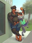  anthro canine clothing dog female flexing gym junga male mammal musclegut muscular outside rottweiler shorts sidewalk size_difference torn_clothing wolf 
