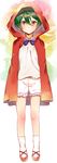  1boy cape closed_mouth crossdressing full_body green_hair high_speed! kirishima_ikuya knees looking_at_viewer male_focus monaka red_eyes red_riding_hood red_shoes ribbon short_hair shorts shota socks solo white_legwear 