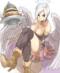  1girl absurdres angel_wings bare_shoulders black_choker black_legwear boots breasts brown_footwear choker cleavage closed_mouth dragon_quest dragon_quest_ix earrings feathered_wings green_eyes halo high_heel_boots high_heels highres hoop_earrings jewelry legs_crossed looking_at_viewer medium_breasts over-kneehighs pretty-purin720 raviel simple_background solo thighhighs thighs white_background white_hair white_wings wings 