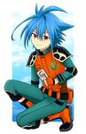  1boy blue_hair blue_sky boots card child cloud fingerless_gloves future_card_buddyfight gloves looking_at_viewer male_focus ryuuenji_tasuku sky smile solo 