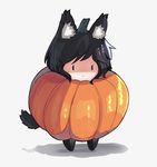  absurdres animal_ears black_hair chibi commentary ehrrr highres original pumpkin pumpkin_costume shaded_face solo tail wolf_ears wolf_tail |_| 