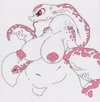  absurd_res albino anthro armpits dialogue facial_piercing fangs female furgonomics furry-specific_piercing hi_res line_art monochrome muzzle_piercing nipple_piercing nipples nose_piercing nude piercing red_eyes reptile satinsquid_(artist) scalie scan simple_background snake solo tagme white_background 