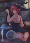  1girl ass back bare_shoulders blush breasts candle cauldron crystal_ball dada dark from_behind halloween hat huge_ass large_breasts leotard lizard looking_at_viewer original pointy_ears red_eyes red_hair short_hair sideboob smile solo thong thong_leotard witch witch_hat 