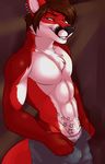  abstract_background anthro black_nose blue_eyes brown_hair canine clothed clothing ear_piercing fcsimba fox fur hair male mammal muscular muscular_male open_pants pants piercing pose red_fur simple_background smile smirk solo underwear undressing 