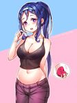  absurdres arm_behind_back bikini_top blue_hair box breasts cleavage cowboy_shot crop_top denim hairband hand_in_hair heart-shaped_box highres jeans large_breasts long_hair long_ponytail looking_at_viewer love_live! love_live!_sunshine!! matsuura_kanan midriff navel open_mouth outline pants ponytail purple_eyes see-through solo tank_top tem10 valentine white_outline 
