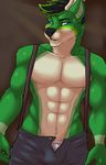 anthro black_nose blue_eyes bulge canine clothed clothing fcsimba fur green_fur male mammal muscular muscular_male open_pants pose simple_background solo standing underwear wolf zavryn 