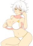  1girl bikini blush breasts cleavage female large_breasts looking_at_viewer miyabi_(senran_kagura) navel open_mouth senran_kagura short_hair simple_background solo swimsuit white_background white_hair yellow_eyes 