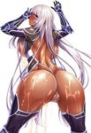  1girl aoi_nagisa_(artist) ass back bare_shoulders blue_eyes breasts dark_skin female hips huge_breasts large_breasts legs leotard liliana lilith-soft long_hair looking_back nipples shiny shiny_skin silver_hair taimanin_(series) taimanin_asagi taimanin_asagi_battle_arena thong_leotard very_long_hair 