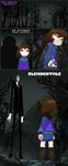  bleedman boots brown_hair closed_eyes comic commentary crossover english faceless forest formal frisk_(undertale) highres motion_lines nature necktie sans shorts silhouette slender_man standing striped striped_sweater suit sweater title_parody undertale watermark web_address white_skin 