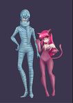  1boy 1girl animal_ears bare_shoulders blue_hair bodysuit cat_ears cat_girl cat_paws cat_tail cosplay full_body glasses hair_between_eyes halloween hand_on_hip highres inumuta_houka jakuzure_nonon kill_la_kill kotama_torane long_hair looking_at_viewer monster monster_girl mummy mummy_(cosplay) naughty_face pink_eyes pink_hair purple_background scarf shiny shiny_hair short_hair simple_background small_breasts smile standing strapless 