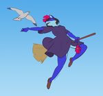  anthro avian bird broom canine clothing costume dress female flying ghibli gradient_background junga kiki&#039;s_delivery_service magic magic_user mammal outside radio ribbons seagull simple_background witch wolf 
