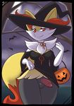  2016 anthro balls bat black_border border bottomless braixen canine clothed clothing clothing_lift dickgirl eyelashes fox full_moon halloween hat holidays humanoid_penis intersex looking_at_viewer mammal moon night nintendo outside penis pok&eacute;mon pok&eacute;morph rapps video_games witch_hat 