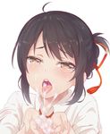  aimee_(emi) bad_id bad_pixiv_id black_hair blush brown_eyes cum cupping_hands highres kefir kimi_no_na_wa looking_at_viewer miyamizu_mitsuha nose_blush open_mouth short_hair simple_background solo string suggestive_fluid tears tongue tongue_out white_background 