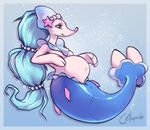 2016 anthro anthrofied belly big_belly blue_background blue_eyes blue_hair blue_skin breasts cettapede english_text featureless_breasts female fin hair long_hair mammal marine navel nintendo nude pink_nose pinniped pok&eacute;mon pok&eacute;morph pregnant primarina signature simple_background solo text video_games white_skin 