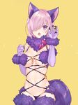  :o animal_ears bare_shoulders black_panties blush bow breasts claw_pose cleavage cowboy_shot dangerous_beast detached_collar diamond_(shape) elbow_gloves fate/grand_order fate_(series) fur fur_trim gloves hair_over_one_eye halloween_costume highres lace lace-trimmed_thighhighs light_particles looking_at_viewer mash_kyrielight medium_breasts navel o-ring o-ring_bikini panties pink_bow purple_eyes purple_hair revealing_clothes rimo short_hair simple_background skindentation solo strap_gap tail thighhighs underboob underwear wolf_ears wolf_tail yellow_background 