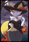  2016 anthro bat black_border border bottomless braixen canine clothed clothing clothing_lift eyelashes female fox full_moon halloween hat holidays looking_at_viewer mammal moon night nintendo outside pok&eacute;mon pok&eacute;morph rapps video_games witch_hat 