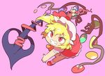  blonde_hair flandre_scarlet frilled_skirt frills full_body grin hair_ribbon hat highres holding holding_weapon laevatein mob_cap moyazou_(kitaguni_moyashi_seizoujo) pink_background pinky_out puffy_short_sleeves puffy_sleeves rainbow_order red_eyes red_footwear red_ribbon red_skirt ribbon shoes short_sleeves simple_background skirt smile solo touhou weapon white_hat wings 