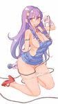  asamiya_athena breasts collar full_body gloves hairband high_heels kneeling long_hair looking_at_viewer medium_breasts microphone navel nipples no_bra open_mouth overall_skirt panties panty_pull purple_hair red_footwear shoes simple_background solo the_king_of_fighters underwear uniskie v white_background yellow_eyes 