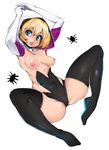  armpits arms_up black_legwear blonde_hair blue_eyes boots breasts bug gwen_stacy highres hood hoodie lips looking_at_viewer marvel nipples puffy_nipples short_hair simple_background slugbox small_breasts solo spider spider-gwen thigh_boots thighhighs thighs topless white_background 
