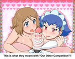  1boy 2girls blue_eyes blue_hair brown_hair gouguru millefeui_(pokemon) multiple_girls nude penis pokemon pov red_eyes satoshi_(pokemon) serena_(pokemon) teamwork translated 