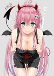  ahoge aqua_eyes blush breasts cleavage covered_nipples demon_horns demon_tail demon_wings fake_horns fake_wings hair_ornament halloween_costume horns lala_satalin_deviluke large_breasts leaning_forward long_hair murio naked_overalls overalls peke pink_hair red_ribbon ribbon smile solo tail to_love-ru wings 