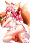  1girl animal_ear_fluff animal_ears apron ass bangs bare_shoulders bell bell_collar blush bow breasts carrot cat_hair_ornament cat_paws claws collar fang fate/extra fate/grand_order fate_(series) fox_ears fox_tail gloves hair_between_eyes hair_bow hair_ornament jingle_bell large_breasts legs looking_at_viewer maid_headdress naked_apron open_mouth paw_gloves paw_shoes paws pink_hair ponytail red_bow shoes sideboob sidelocks simple_background solo tail tamamo_(fate)_(all) tamamo_cat_(fate) thighs tongue tongue_out white_background zen 
