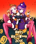  2girls :d :q arm_hug blush breasts building closed_mouth corset crepe crossed_legs detached_collar detached_sleeves english eyebrows eyebrows_visible_through_hair food garter_straps gradient gradient_background halloween happy_halloween hat head_tilt high_heels highres holding holding_food ice_cream jack-o'-lantern kuroshio_maki long_hair looking_at_viewer medium_breasts mini_hat mini_witch_hat multiple_girls necktie number open_mouth orange_hair original pink_eyes pink_skirt puffy_short_sleeves puffy_sleeves purple_eyes purple_hair red_footwear red_neckwear shoes short_necktie short_sleeves side_ponytail silhouette sitting skirt smile striped striped_legwear thighhighs tongue tongue_out vertical-striped_legwear vertical_stripes very_long_hair window wing_collar witch_hat wrist_cuffs 