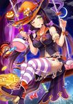  bare_shoulders blush boots breasts candy cleavage food green_eyes hair_ribbon halloween hat headset highres jack-o'-lantern konya_(chocolate_palette) lantern large_breasts long_hair love_live! love_live!_school_idol_project md5_mismatch navel one_eye_closed purple_hair ribbon sitting smile solo striped striped_legwear swing thighhighs toujou_nozomi twintails witch_hat 