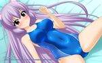  animal_ears blue_swimsuit blush calendar_(medium) cat_ears competition_swimsuit covered_navel highres long_hair lying one-piece_swimsuit original purple_eyes purple_hair solo sugimura_tomokazu swimsuit 