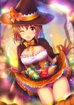  breasts brown_eyes brown_hair candy cleavage food halloween hat idolmaster idolmaster_cinderella_girls kara_(color) lifted_by_self medium_breasts namiki_meiko open_mouth short_hair skirt skirt_lift smile solo wavy_hair witch_hat 