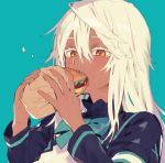  1girl alternate_costume blue_background colored_eyelashes dark_skin eating food guilty_gear guilty_gear_xrd hamburger holding holding_food japanese_clothes long_hair long_sleeves open_mouth platinum_blonde_hair ramlethal_valentine sharp_teeth solo suzunashi teeth white_hair 