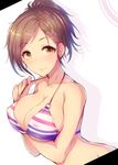  bikini_top blush braid breasts brown_eyes brown_hair cleavage crossed_arms eyebrows eyebrows_visible_through_hair hyoudou_rena idolmaster idolmaster_cinderella_girls kara_(color) large_breasts short_hair smile solo striped_bikini_top 