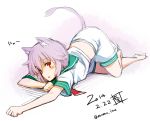  1girl animal_ear_fluff animal_ears bad_link bangs bare_arms bare_legs barefoot blush cat_ears cat_girl cat_tail dated full_body green_sailor_collar kantai_collection kemonomimi_mode lavender_hair legs_crossed looking_at_viewer lying momo_(higanbana_and_girl) nyan on_stomach paw_pose puffy_shorts red_eyes sailor_collar shirt short_hair short_sleeves shorts sideways_mouth sketch sleeve_cuffs slit_pupils solo tail tail_raised tama_(kantai_collection) top-down_bottom-up translation_request up_sleeve white_shirt white_shorts wide_sleeves 