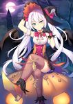  alexmaster black_gloves black_hat blue_eyes brown_legwear crossed_legs gloves hair_ribbon halloween hat highres long_hair looking_at_viewer moon night original outdoors pumpkin red_ribbon ribbon silver_hair sitting solo thighhighs twintails witch_hat 
