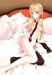  arm_support bed bed_sheet black_legwear blonde_hair breasts cleavage collarbone error green_eyes hair_censor hair_over_breasts highres indoors long_hair looking_at_viewer medium_breasts navel necktie nude original red_neckwear san_deng solo thighhighs thighhighs_removed wrong_hand 