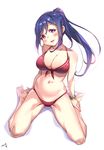  absurdres barefoot bikini blue_hair blush bracelet breasts cleavage front-tie_bikini front-tie_top full_body hand_on_foot head_tilt highres jewelry large_breasts long_hair long_ponytail looking_at_viewer love_live! love_live!_sunshine!! matsuura_kanan midriff navel ponytail purple_eyes red_bikini signature simple_background sitting solo swimsuit tem10 wariza white_background 
