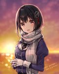  bangs black_eyes black_hair blurry blurry_background blush breath dated dusk enpera gloves haguro_(kantai_collection) hair_ornament hair_ribbon happy_birthday jacket jewelry juliet_sleeves kantai_collection long_hair long_sleeves looking_at_viewer necktie ocean open_mouth plaid plaid_scarf puffy_sleeves ribbon rimo ring scarf solo twitter_username upper_body wedding_band white_gloves 