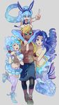  3girls animal_ears blue_eyes blue_hair blue_legwear bubble bunny_ears carrying dark_skin dark_skinned_male fins grey_background hat head_fins jewelry koriente long_hair maruboku mermaid monster_girl multiple_girls necklace pearl_necklace pointing purple_legwear sandals school_swimsuit shabobon shorts shoulder_carry show_by_rock!! simple_background smile sunglasses swimsuit tattoo thighhighs turtle_b.i.g. wendy_(show_by_rock!!) 