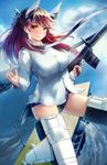 aircraft_carrier animal_ears blush brave_witches breasts brown_eyes brown_hair closed_mouth cloud comic-z day epaulettes gun half_updo head_tilt holding holding_gun holding_weapon karibuchi_takami large_breasts long_sleeves machine_gun military military_vehicle one-piece_swimsuit outdoors ship shirt sky smile solo striker_unit swimsuit trigger_discipline warship water watercraft weapon white_shirt world_witches_series 