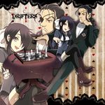  beard black_hair blue_eyes board_game chess ciel_phantomhive ciel_phantomhive_(cosplay) copyright_name cosplay drifters eyepatch facial_hair fujiwara_riyu full_body hair_over_one_eye hair_ribbon kuroshitsuji long_hair looking_at_viewer male_focus nasu_no_yoichi oda_nobunaga_(drifters) open_mouth ponytail ribbon sebastian_michaelis sebastian_michaelis_(cosplay) sitting sitting_on_person smile 