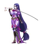  774_(nanashi) bodysuit breasts fate/grand_order fate_(series) full_body huge_breasts katana legs long_hair low-tied_long_hair lowres minamoto_no_raikou_(fate/grand_order) ootachi open_toe_shoes pixel_art purple_bodysuit purple_eyes purple_hair shoes solo standing sword thighs transparent_background very_long_hair weapon 