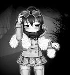  1girl akita_shoten beretta_(kokoaka) child closed_mouth coat cowboy_shot greyscale looking_at_viewer marui_hitoha mitsudomoe monochrome ponytail skirt solo standing sunglasses sunglasses_on_head thighhighs 